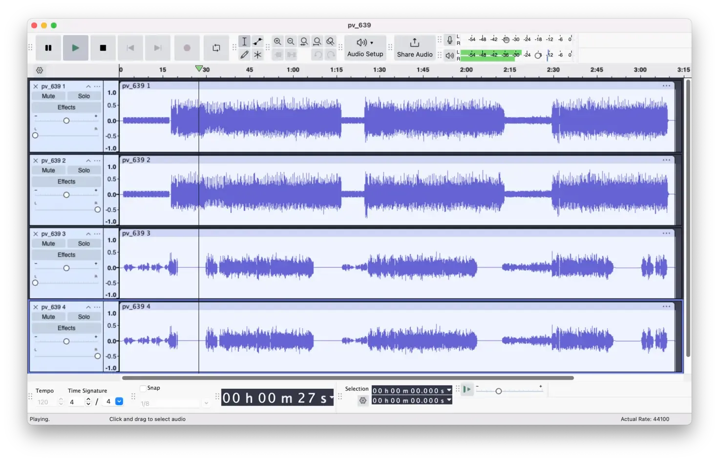 Screenshot of Audacity showing an audio file with 4 channels