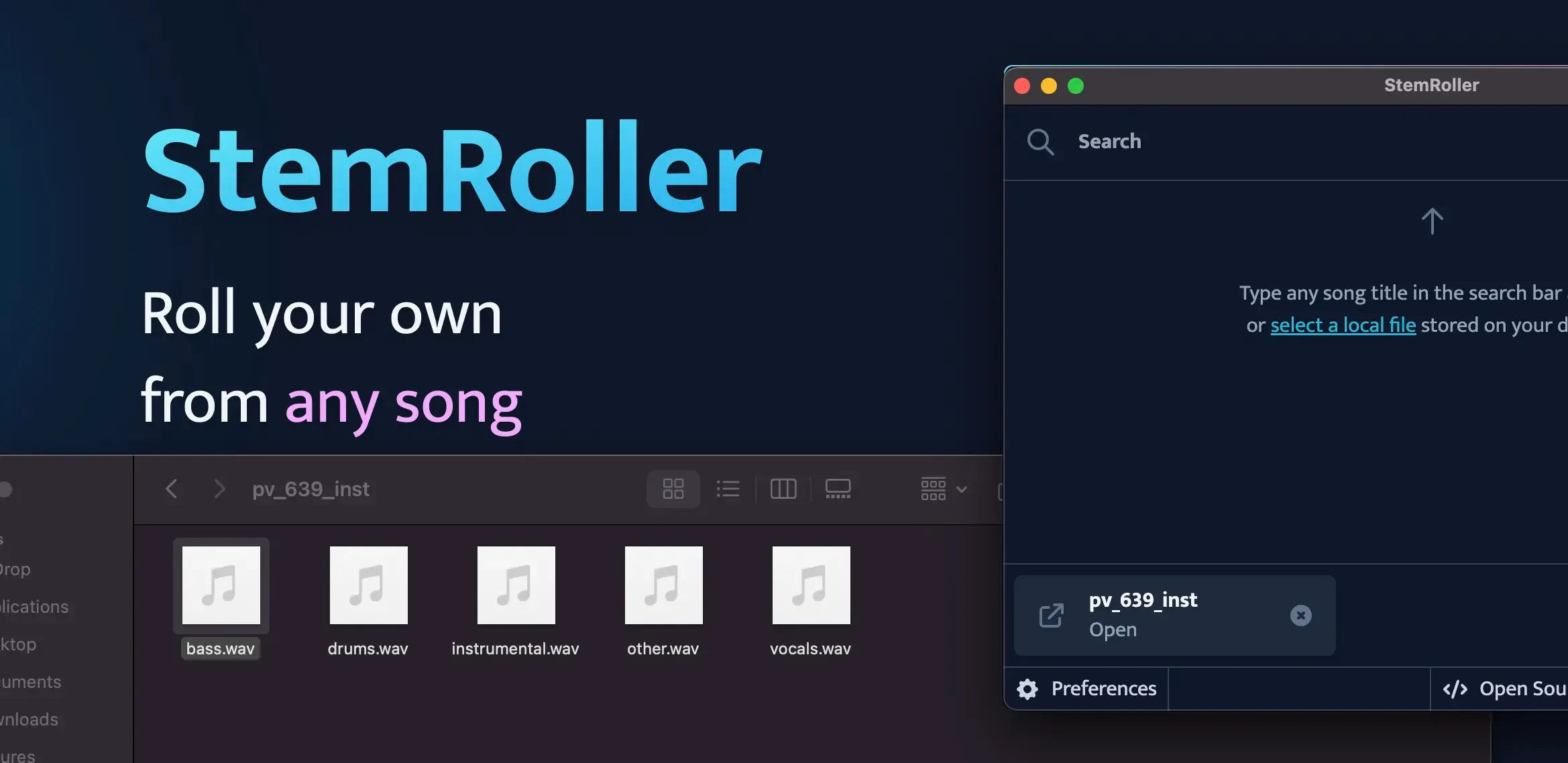 Screenshot of the StemRoller website, the app's interface and a folder with 5 WAV files